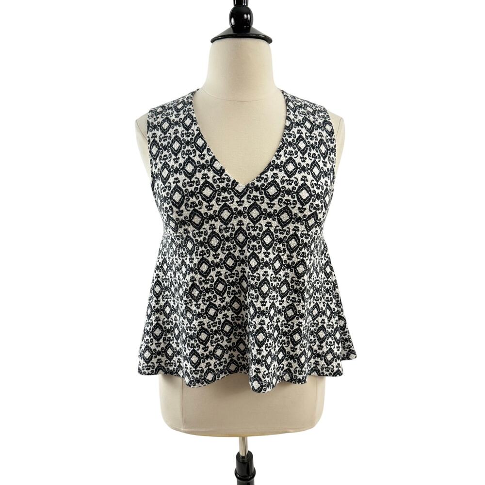 Anthropologie Postmark Black/White Print V Neck Swing Top, Size Large